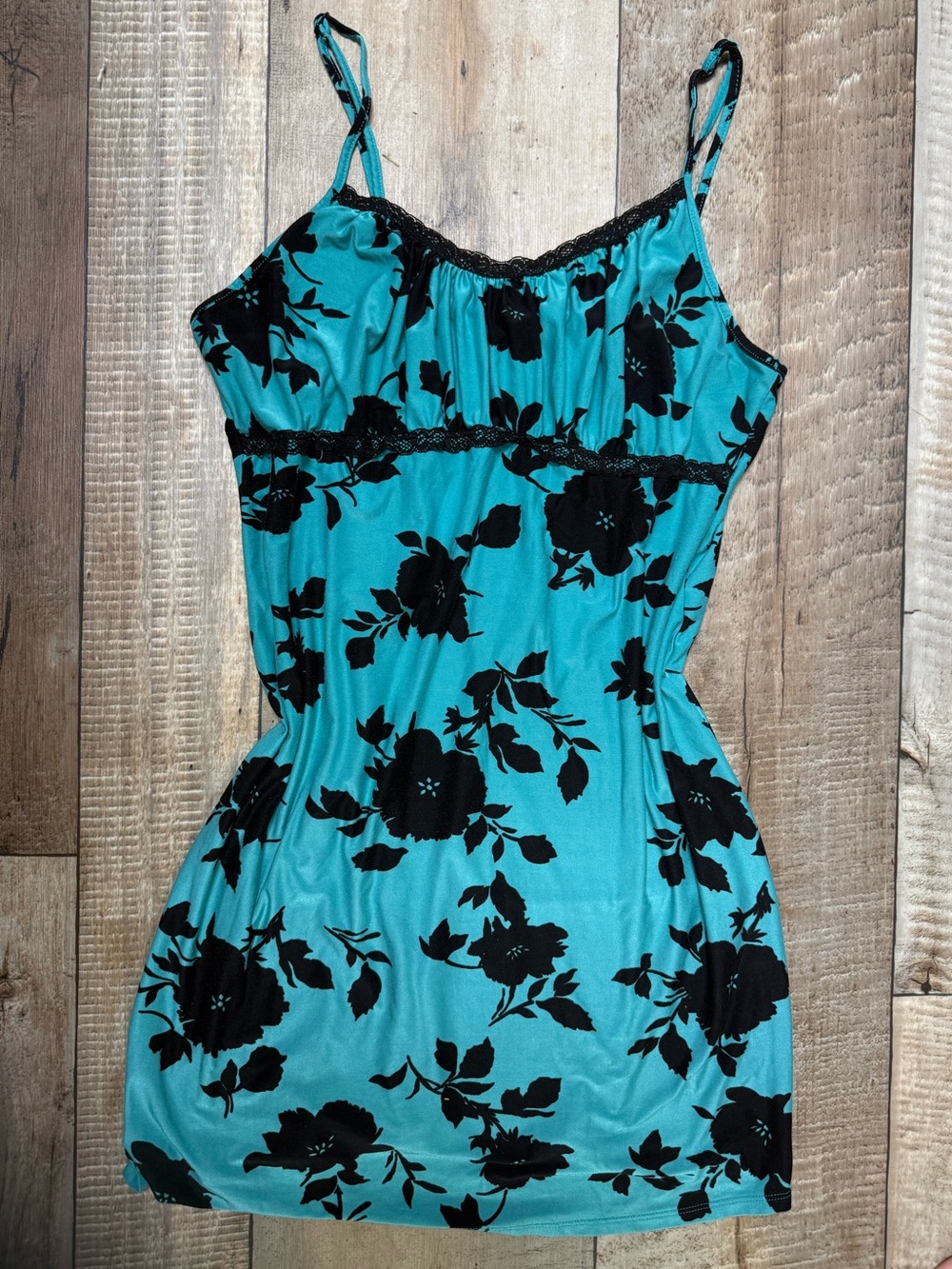 Apt. 9 Turquoise Floral Satin Chemise with Black Lace Trim
